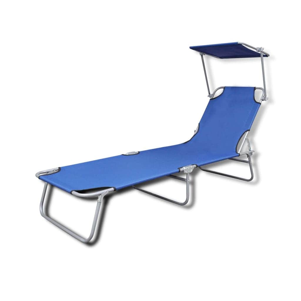 Folding Sun Lounger with Canopy Steel and Fabric Blue - Simple deals