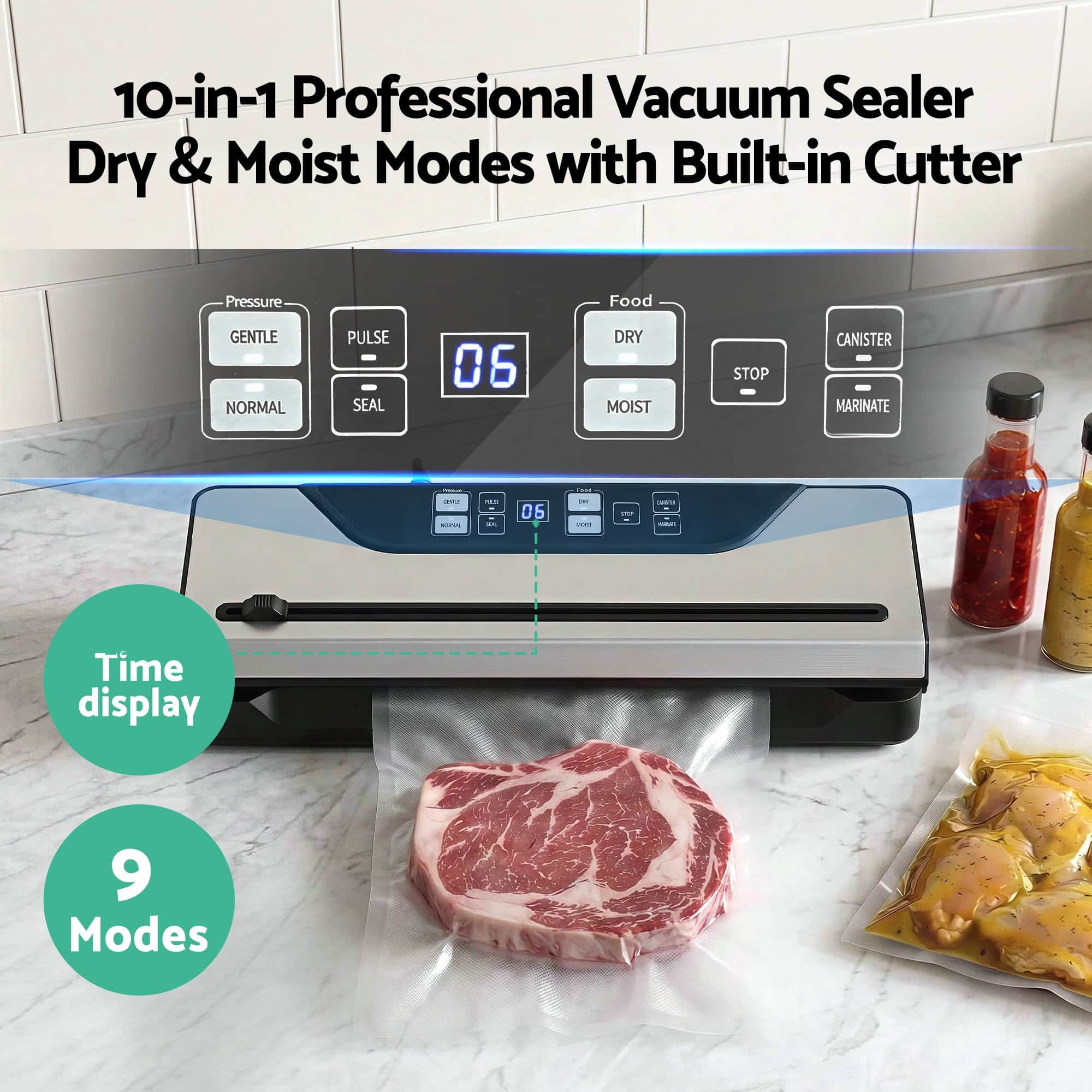 Food Vacuum Sealer Machine 110W 70Kpa 9 Modes Marinate LED Touch