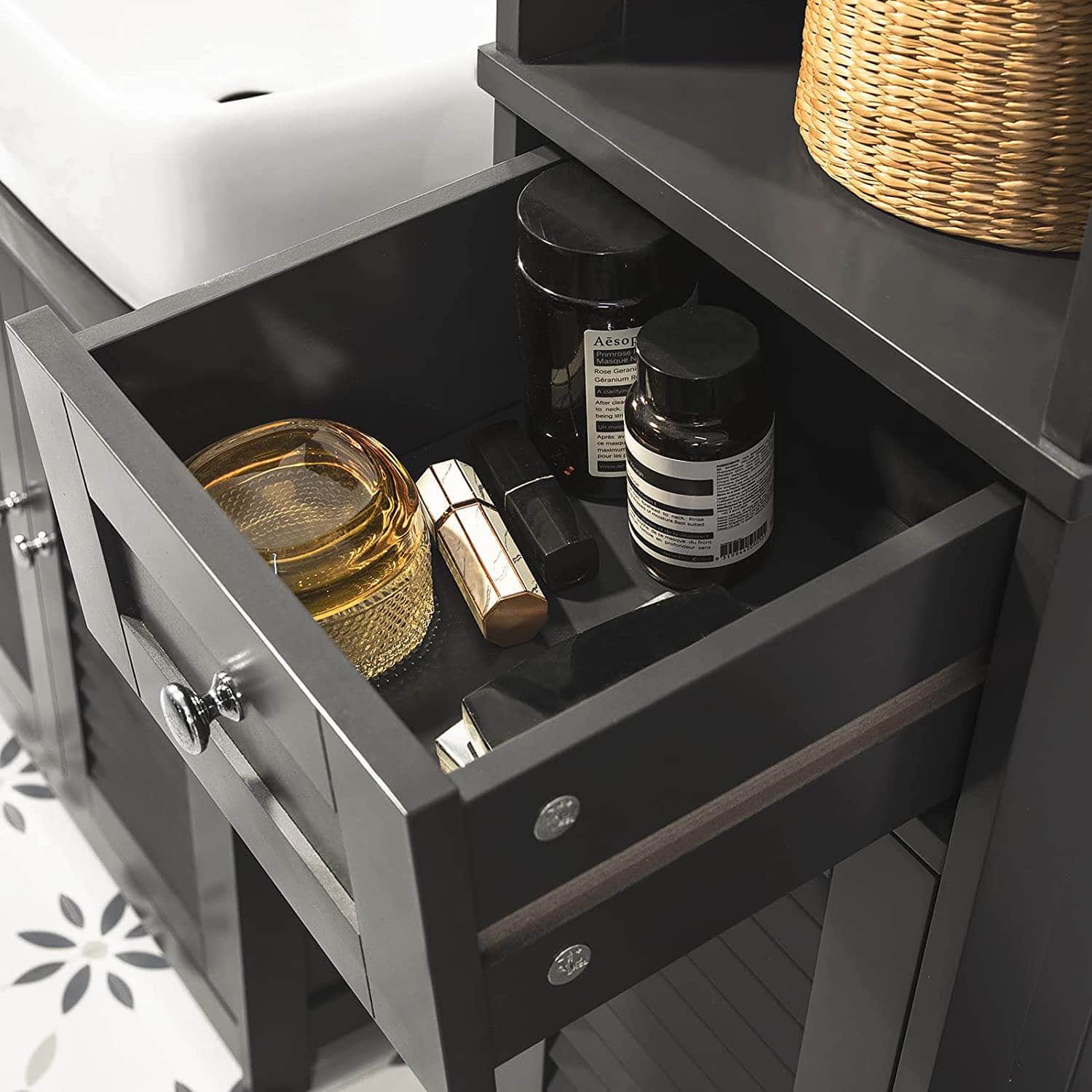 Freestanding Tall Bathroom Cabinet 170 X 32 X 30 Cm (Black)
