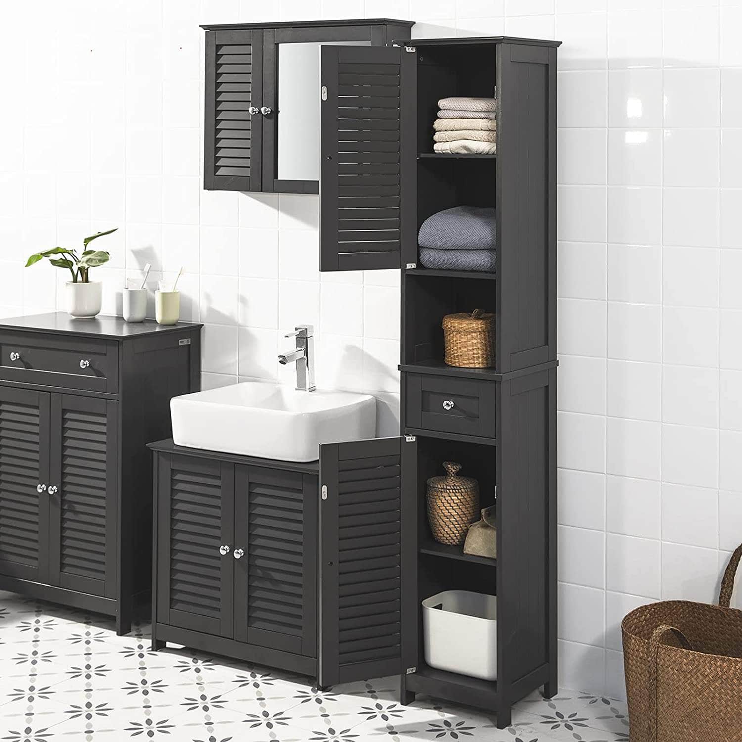 Freestanding Tall Bathroom Cabinet 170 X 32 X 30 Cm (Black)