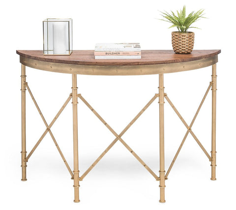 French Brass Finish Wooden Half Round Console Table for Hallways