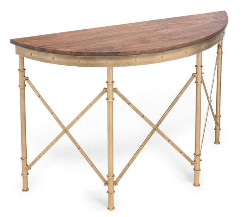 Wooden Hallway Console Table Half Round Shape In French Brass Finish