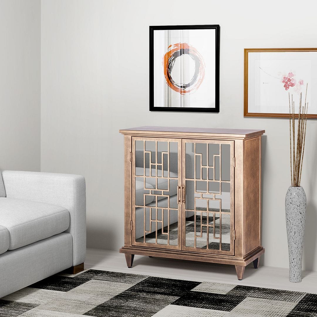 French Brass Sideboard Buffet Cabinet with Mirrored Glass Doors for Chic Storage