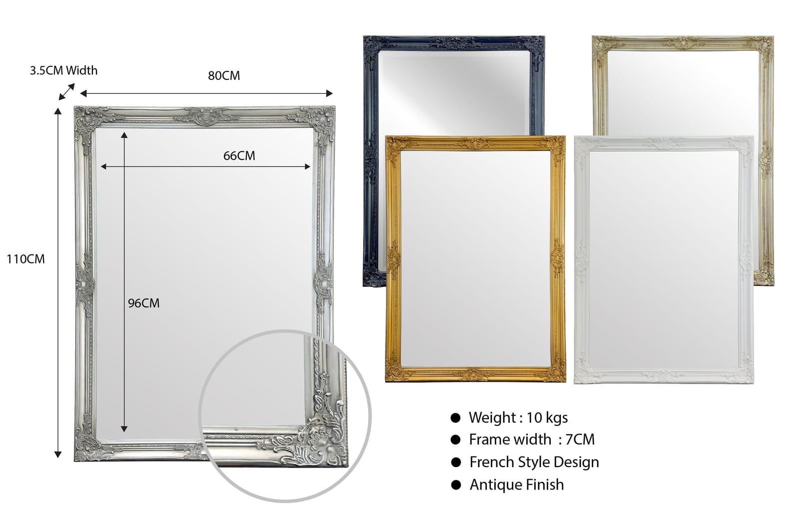French Provincial Ornate Mirror - Antique Silver - Small 80cm x 110cm | Mirrors