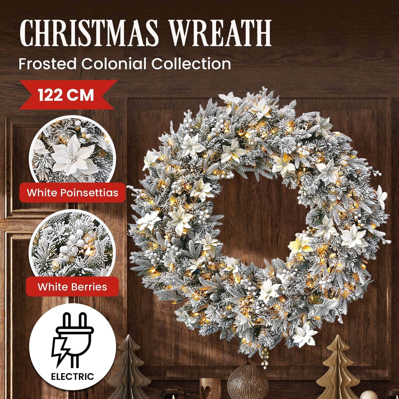 Frosted Colonial Pre-Lit Christmas Wreath - 122cm with Christmas