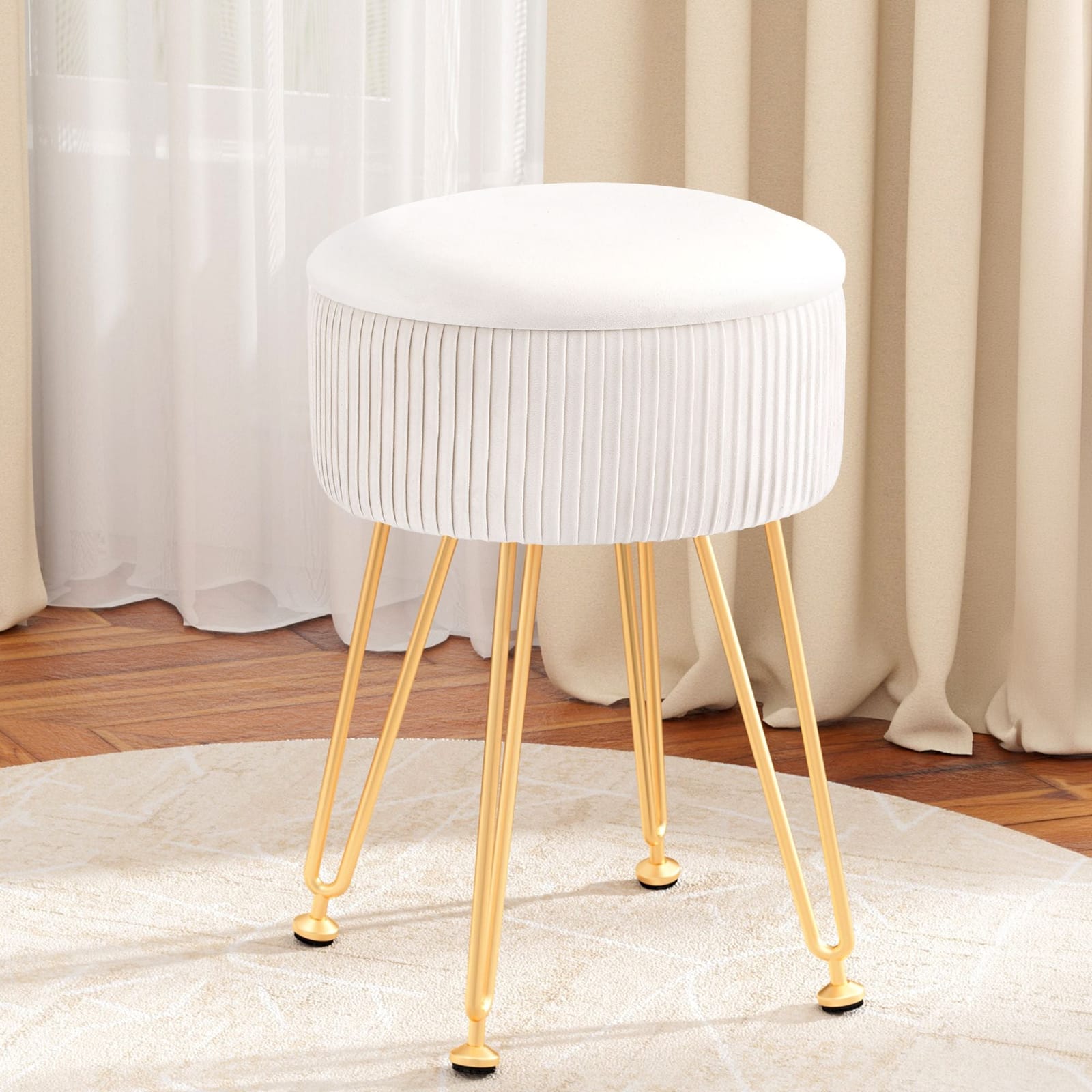 Ottoman Storage Foot Stool Vanity Velvet Round White - Velvet finish