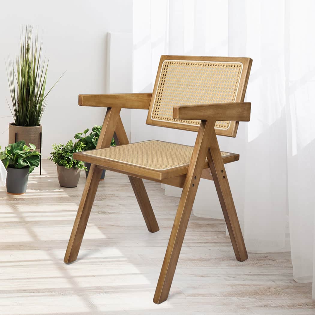 Functional 1x Dining Chair Solid Wood Rattan Natural  High Back