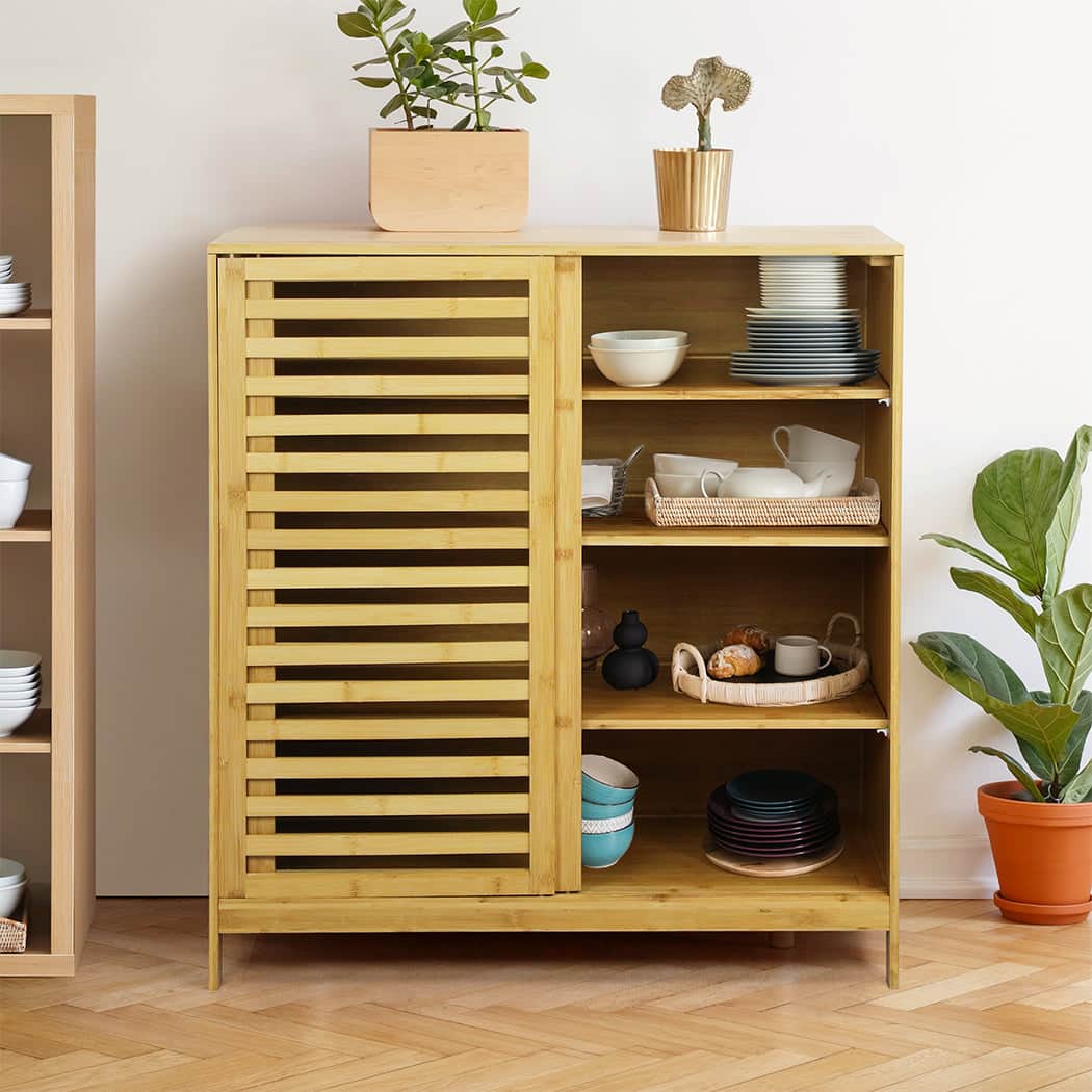 Functional Bamboo Storage Cabinet Freestanding Natural  Space-Saving