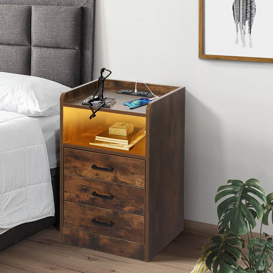 Functional Bedside Table USB Charger Outlet LED Oak  Comfortable