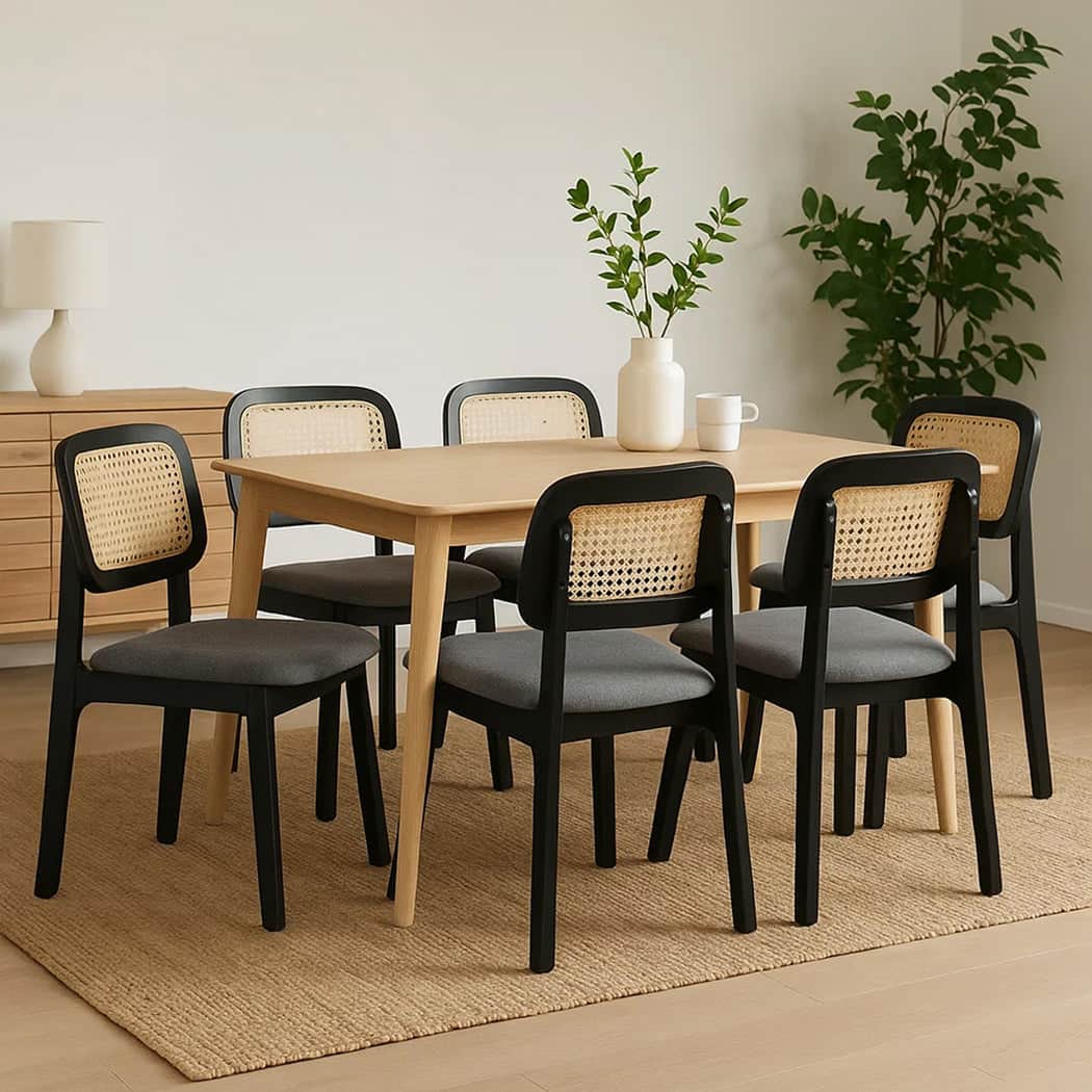 Functional Dining Chair Wood Rattan Armless Black x6  Easy Assembly
