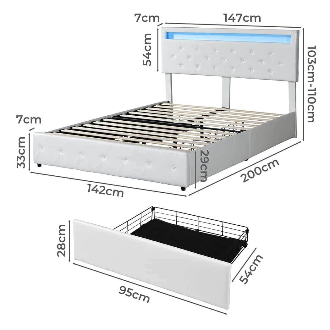 Functional Double Bed Frame RGB LED PU 4 Drawer USB  Premium Quality