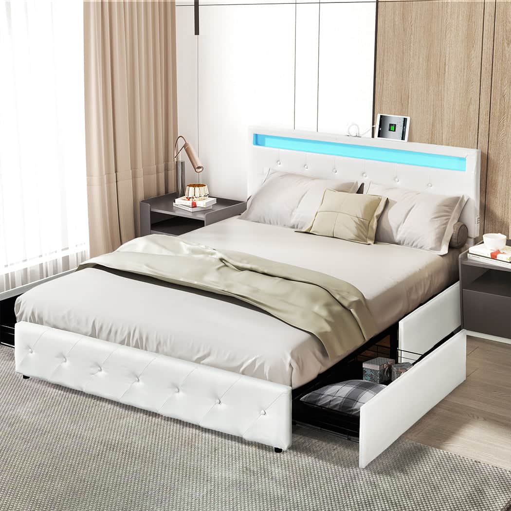 Functional Double Bed Frame RGB LED PU 4 Drawer USB  Premium Quality