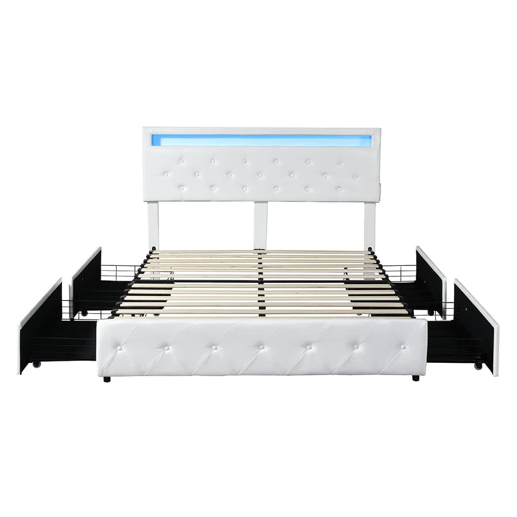 Functional Double Bed Frame RGB LED PU 4 Drawer USB  Premium Quality