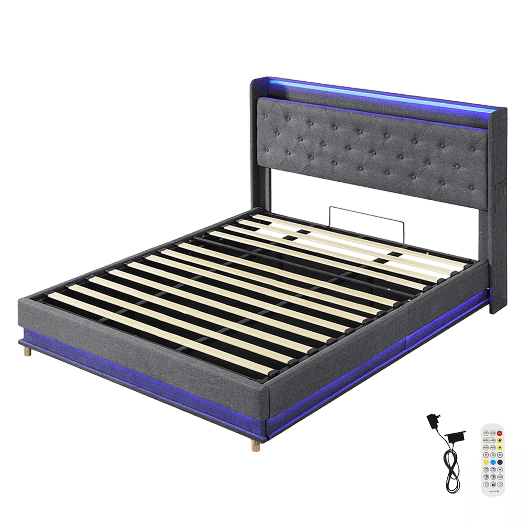 Functional King Bed Frame Gas Lift Storage LED Light USB  Sleek