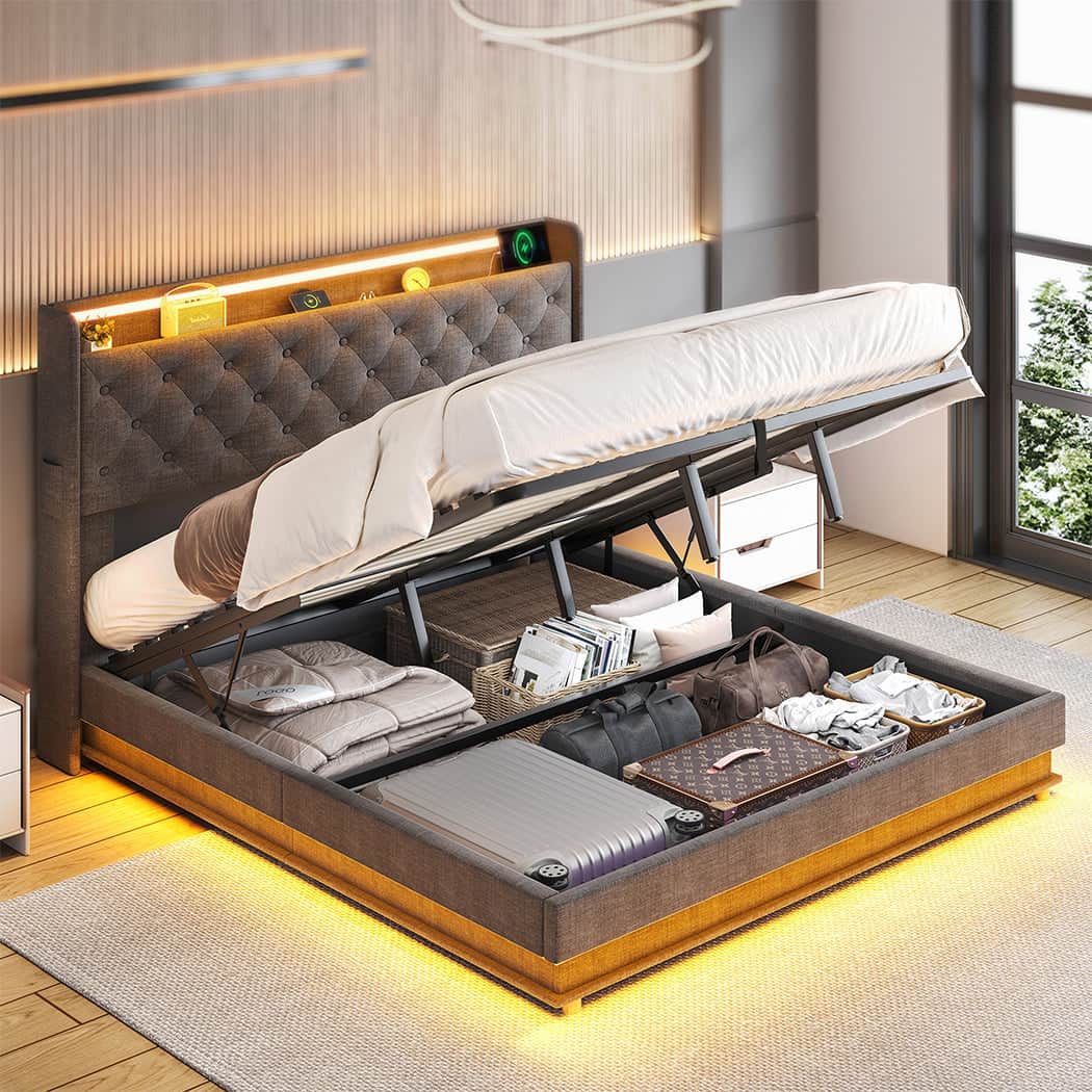 Functional King Bed Frame Gas Lift Storage LED Light USB  Sleek
