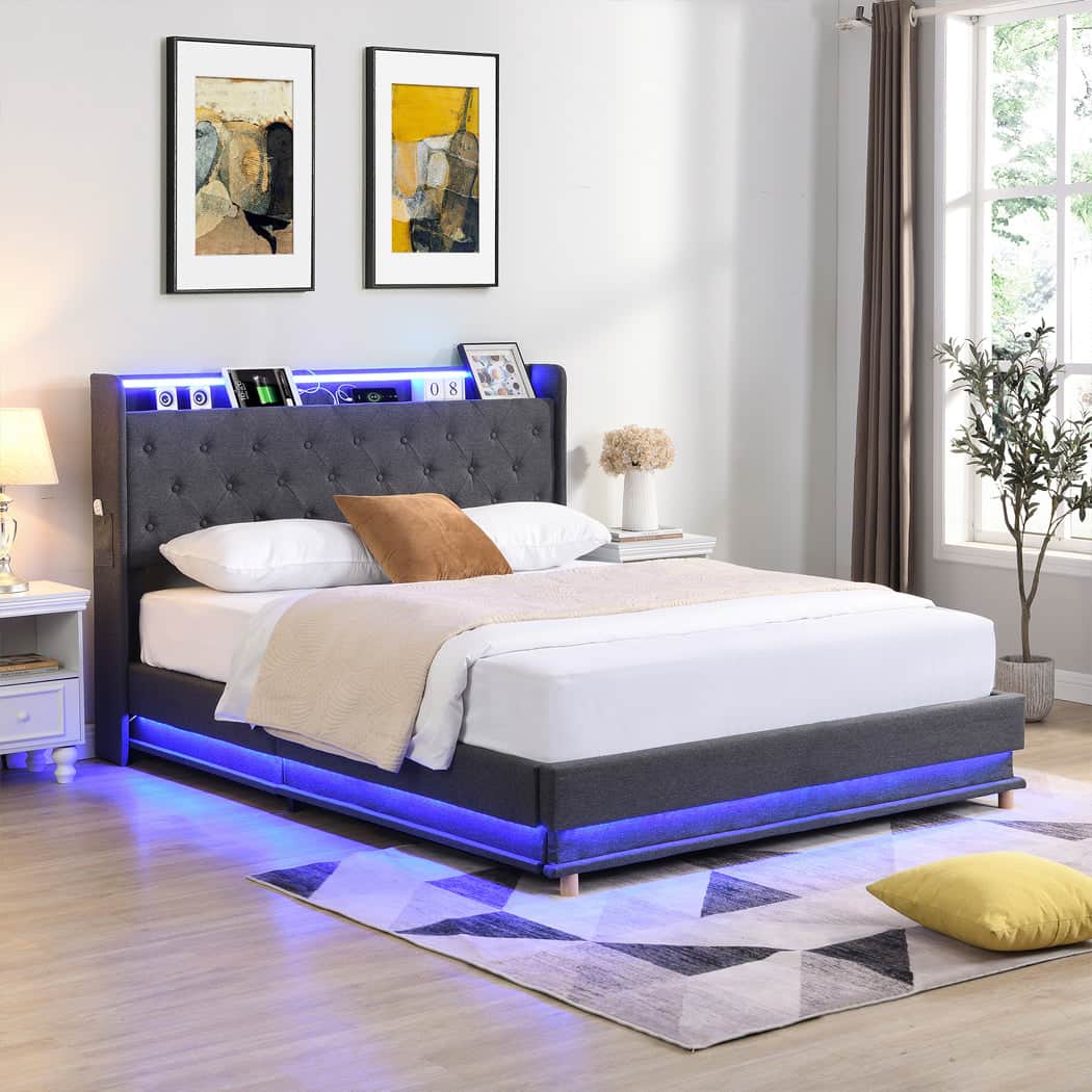 Functional King Bed Frame Gas Lift Storage LED Light USB  Sleek