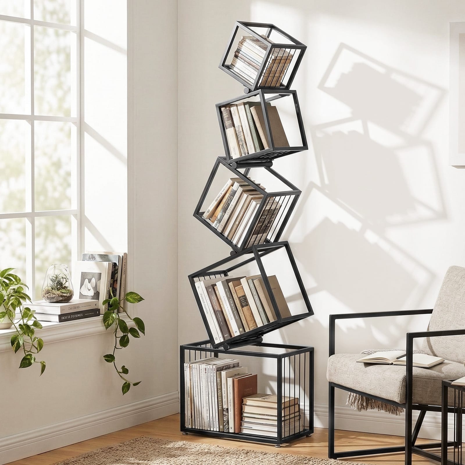 Black colour - Modern 5-Tier Geometric Bookshelf Metal Display Shelf Black 181cm