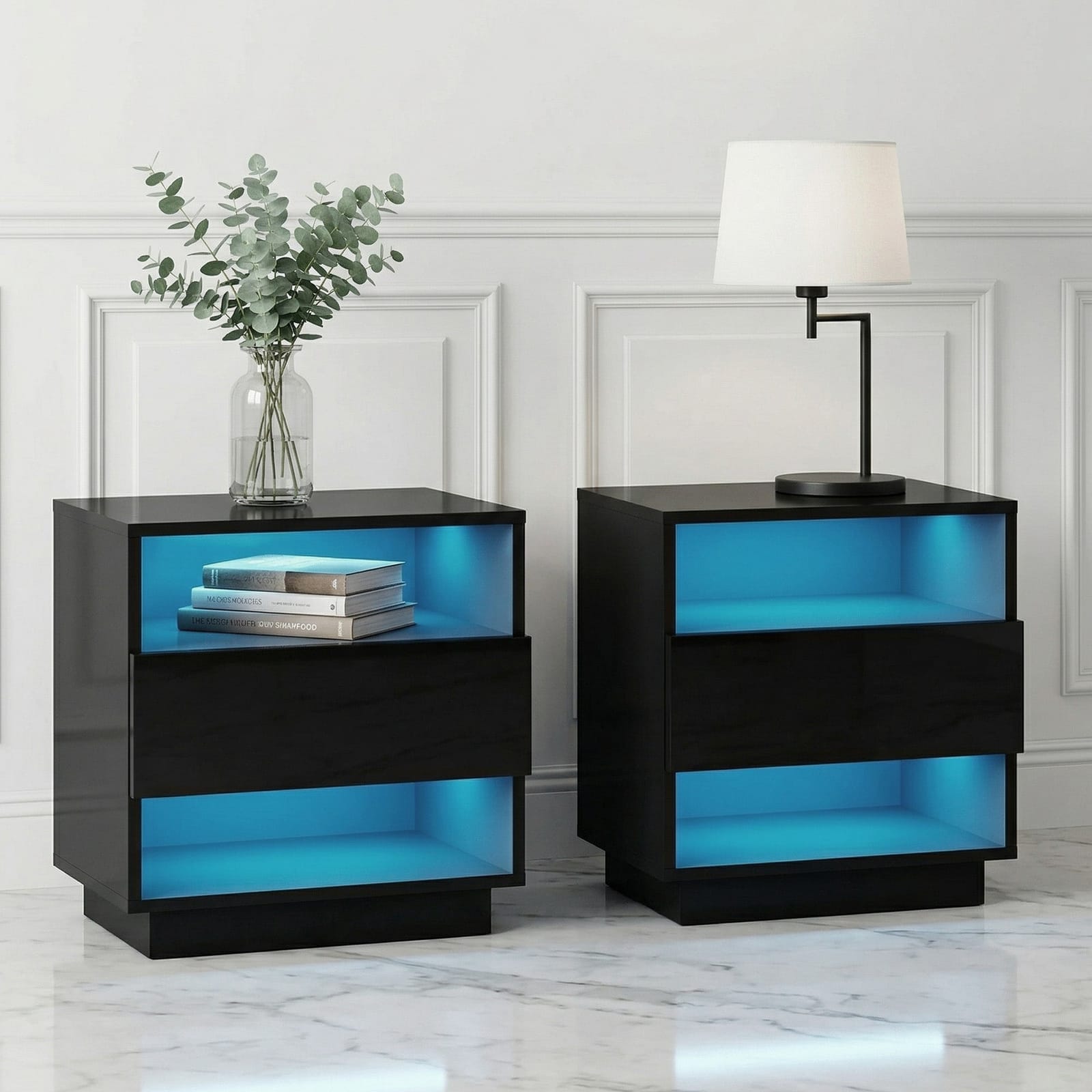 LED Bedside Tables 2 Shelves Black | Simpledeals