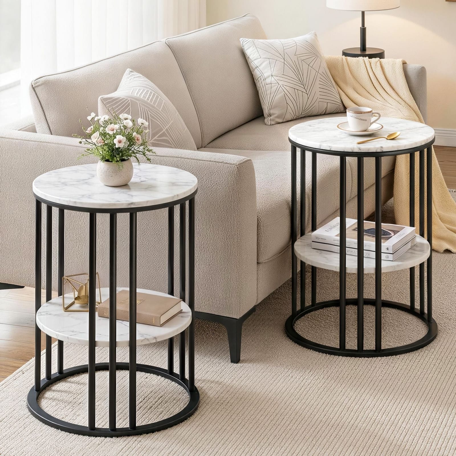Marble Effect Side Tables Set of 2 Round 2-Tier | Simpledeals