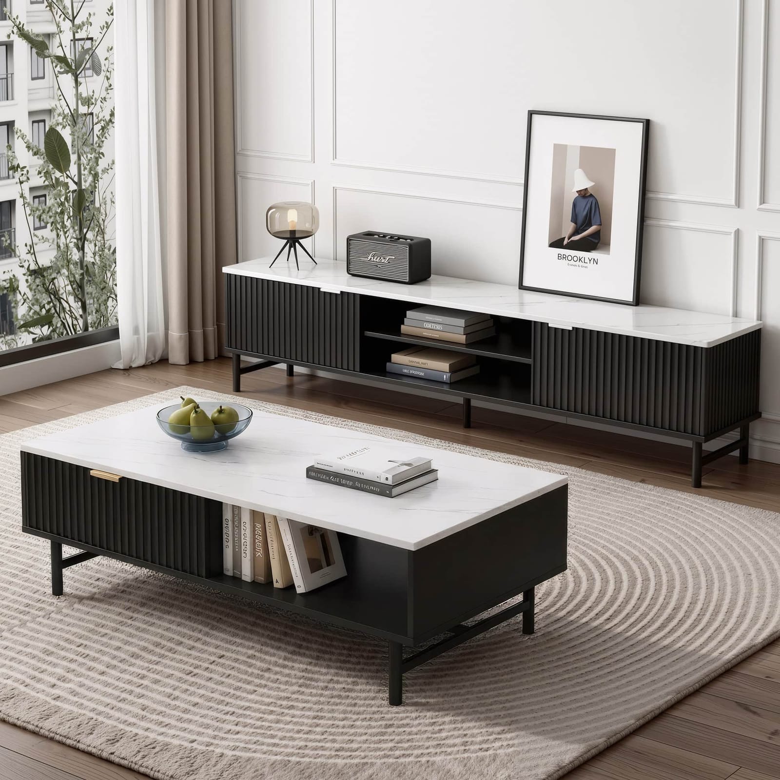 Black colour - Modern Black TV Unit and Coffee Table Set with Storage Shelves