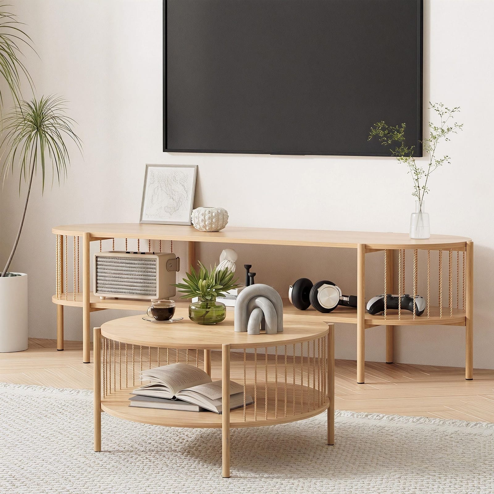 TV Unit Coffee Table Set Pine Storage | Simpledeals