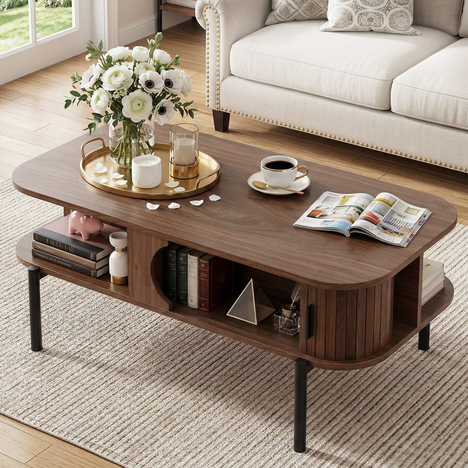 Walnut colour - Modern Walnut Coffee Table with Storage Cabinets & 2 Tier Shelves 100cm