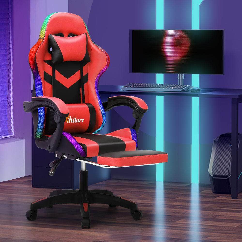 Gaming Chair 7 RGB LED 8 Points Massage Racing Recliner Office Computer Black