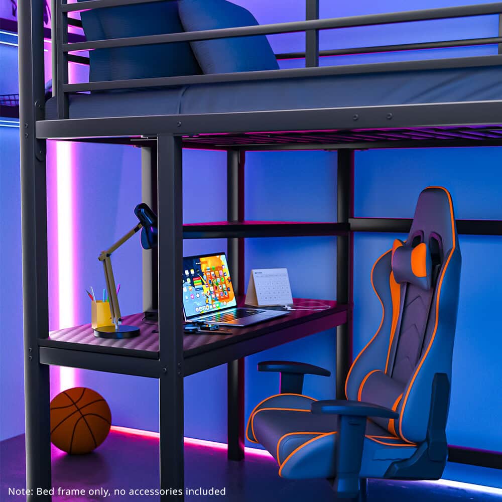 Gaming Loft Bed With Desk Steel Metal Frame Space Saving Design