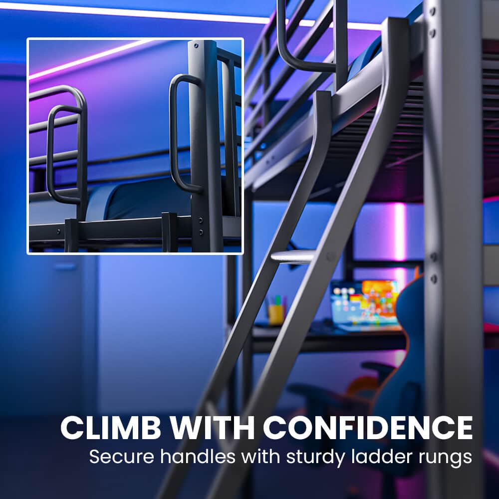 Gaming Loft Bed With Desk Steel Metal Frame Space Saving Design