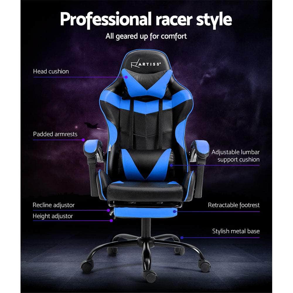 Gaming Office Chair Recliner Footrest Blue