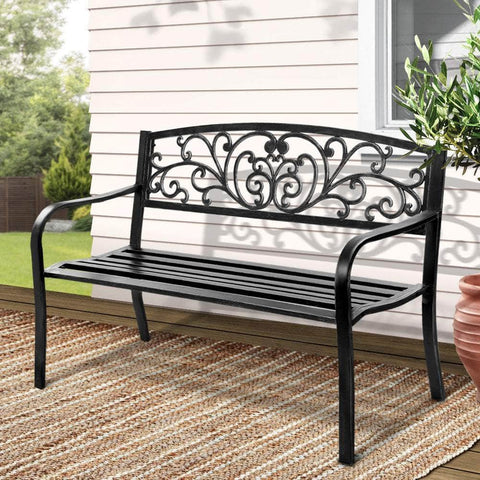 Garden Bench Seat Outdoor Chair Steel Iron Patio Furniture Lounge Porch Lounger Vintage Black Gardeon