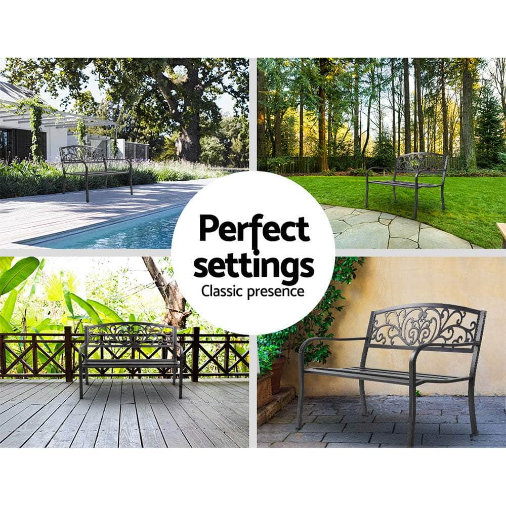Garden Bench Seat Outdoor Chair Steel Iron Patio Furniture Lounge Porch Lounger Vintage Black Gardeon