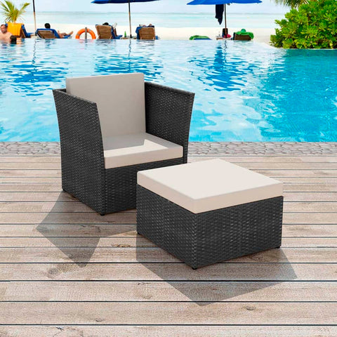 Garden Chair with Stool Poly Rattan Black