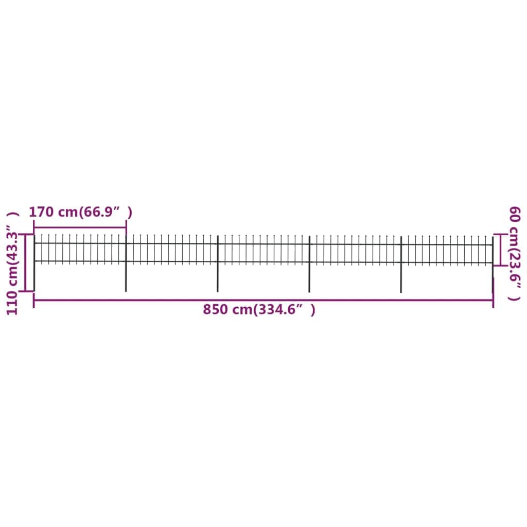 Garden Fence Verticle Bars with Spear Top Steel Black