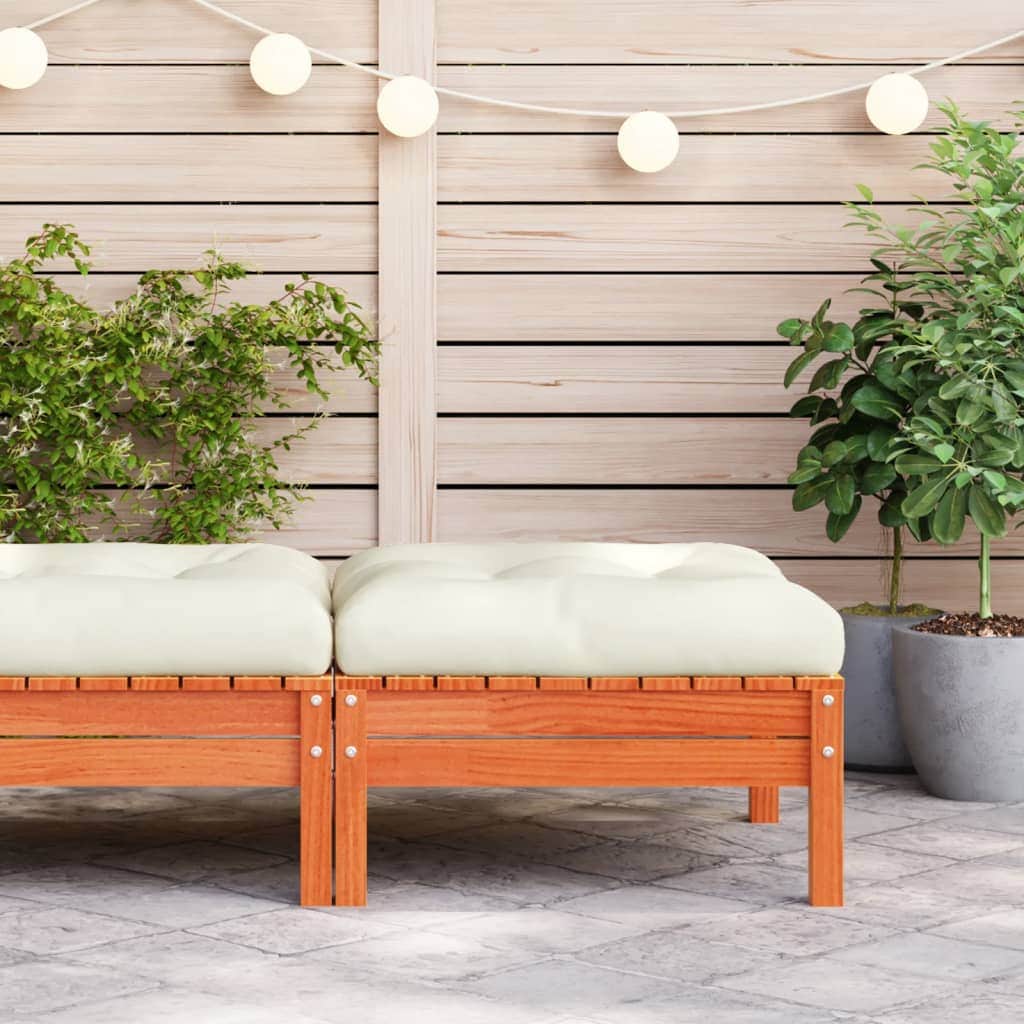 Garden Footstool with Cushion Wax Brown Solid Wood Pine | Wood finish