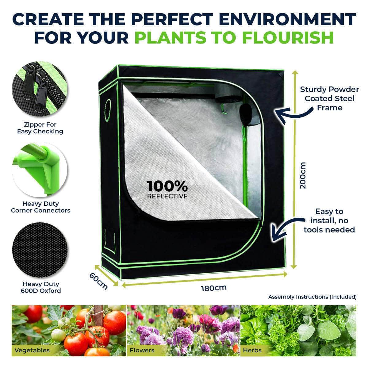Garden Greens 1.8M X 2M Hydroponic Grow Tent Sturdy Reflective Oxford Fabric