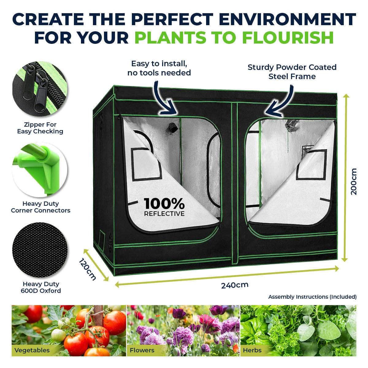 Garden Greens Grow Tent Kits 2.4M X 1.2M X 2M Hydroponics Indoor Grow System
