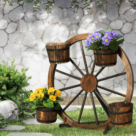 Plant Stand Ornaments Decor Wooden Wagon Wheel Rustic