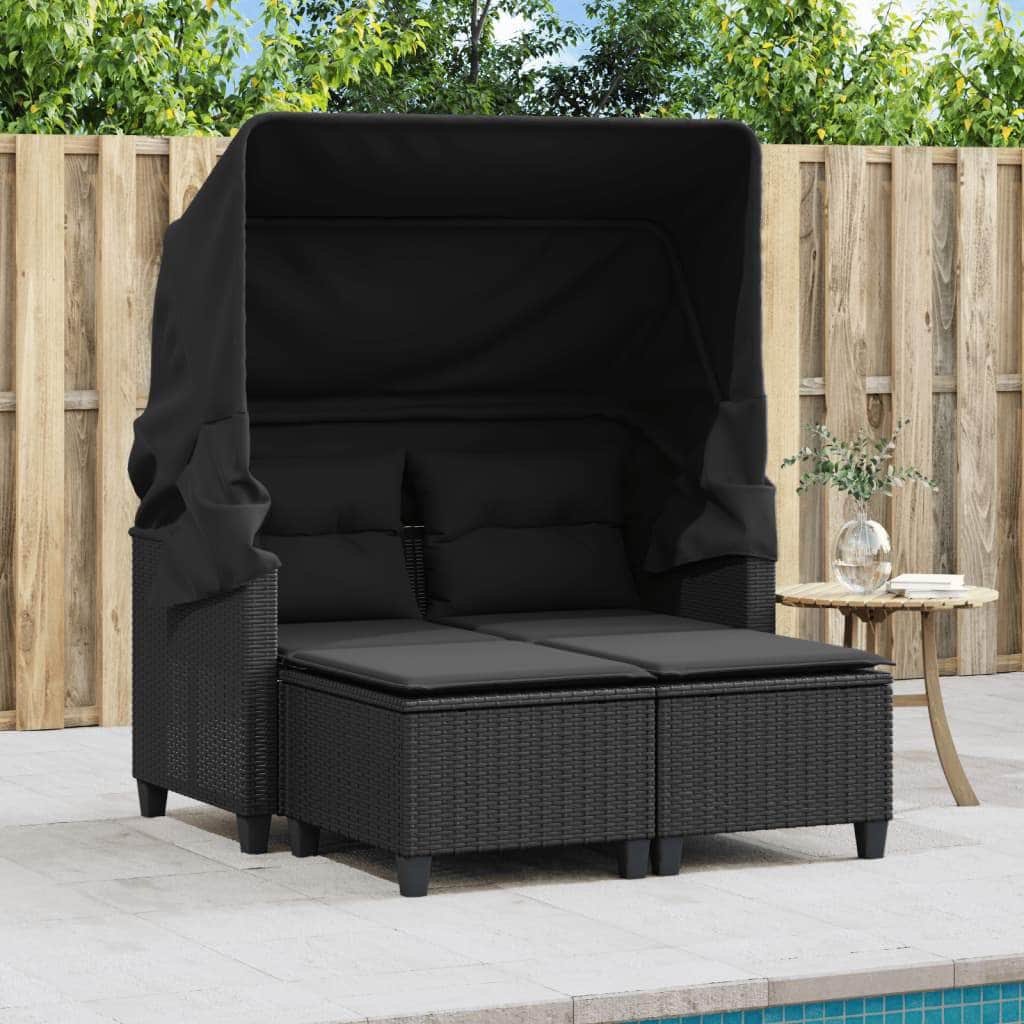 Garden Sofa 2-Seater with Canopy and Stools-Black Poly Rattan