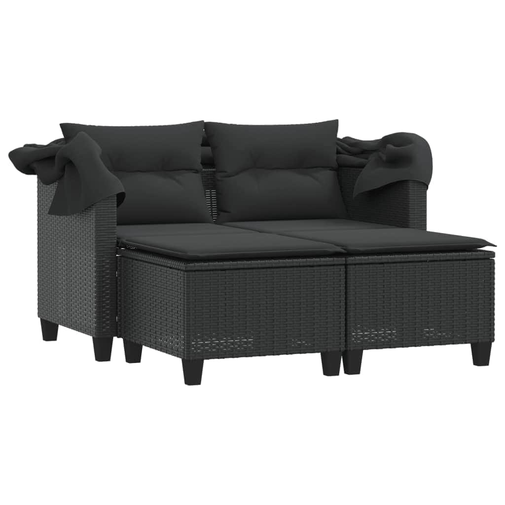 Garden Sofa 2-Seater with Canopy and Stools-Black Poly Rattan