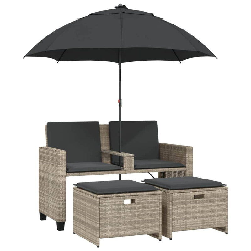 Grey colour - Garden Sofa 2-Seater with Parasol and Stools Light Grey Poly Rattan