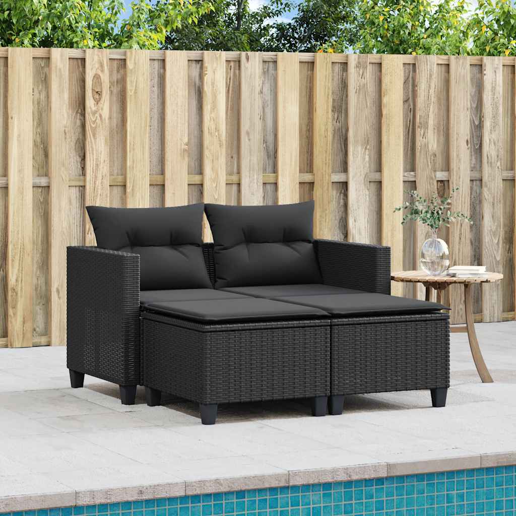 Garden Sofa 2-Seater with Stools-Black Poly Rattan
