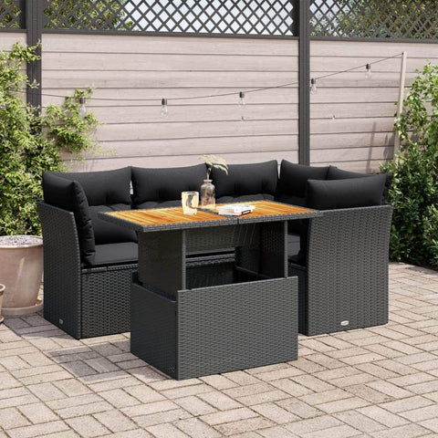 Garden Sofa Set with Cushions Couch 5 Piece Black Poly Rattan Acacia