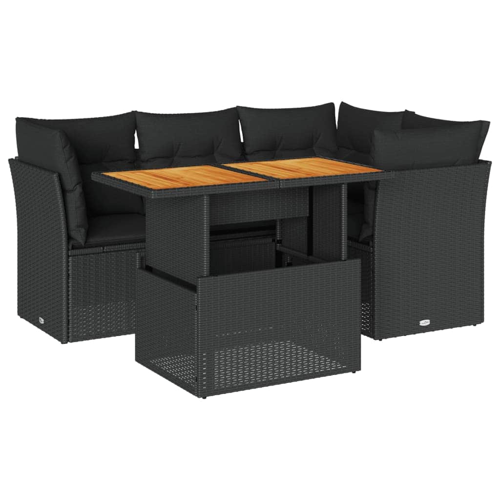 Black colour - Garden Sofa Set with Cushions Couch 5 Piece Black Poly Rattan Acacia