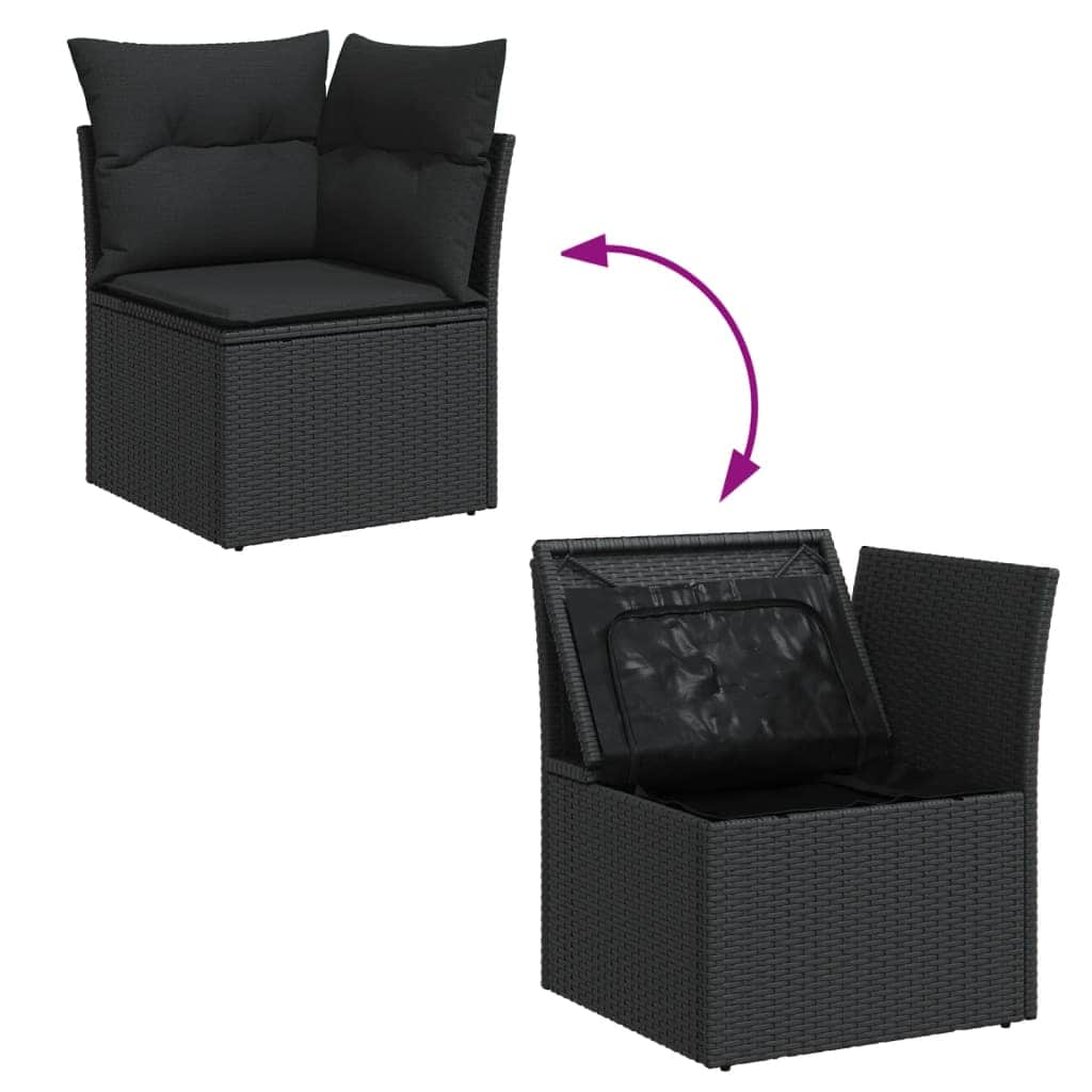 Garden Sofa Set with Cushions Couch 5 Piece Black Poly Rattan Acacia | Outdoor Furniture Sets