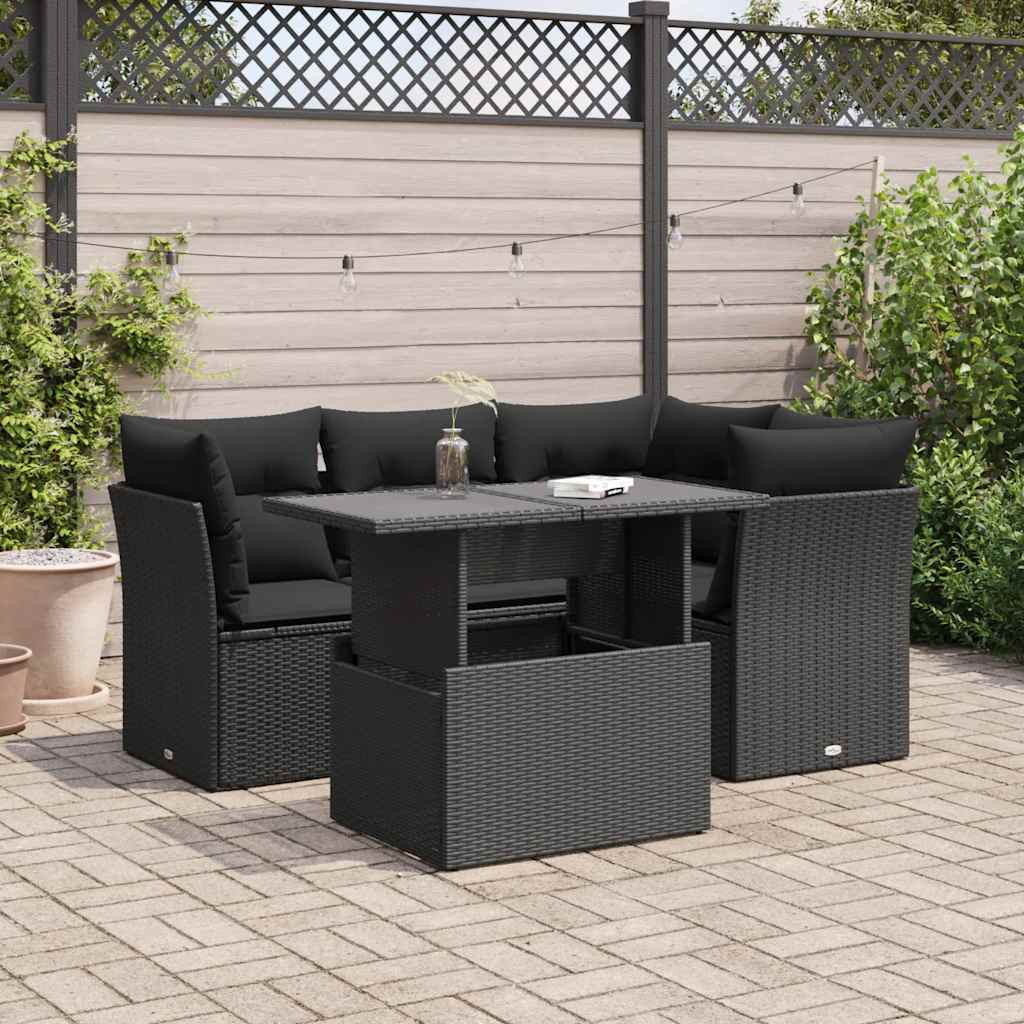 Garden Sofa Set with Cushions Couch 5 Piece Black Poly Rattan Acacia with Black colour