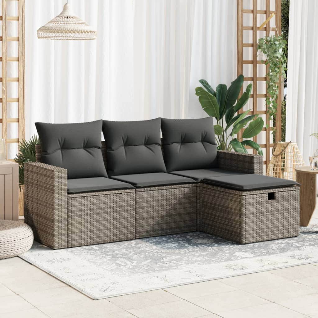 Garden Sofa Set with Cushions Modular Sofa 4 Piece Grey Poly Rattan, Outdoor Furniture Sets