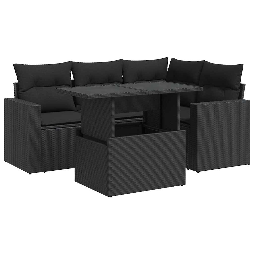 Black colour - Garden Sofa Set with Cushions Modular Sofa 5 Piece Black Poly Rattan - Relax in Style