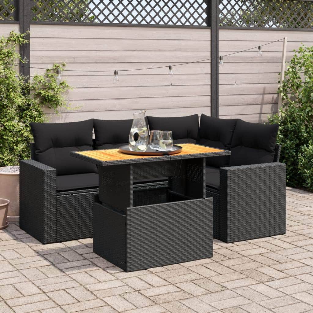Garden Sofa Set with Cushions Modular Sofa 5 Piece Black Poly Rattan - Relax in Style with Black colour