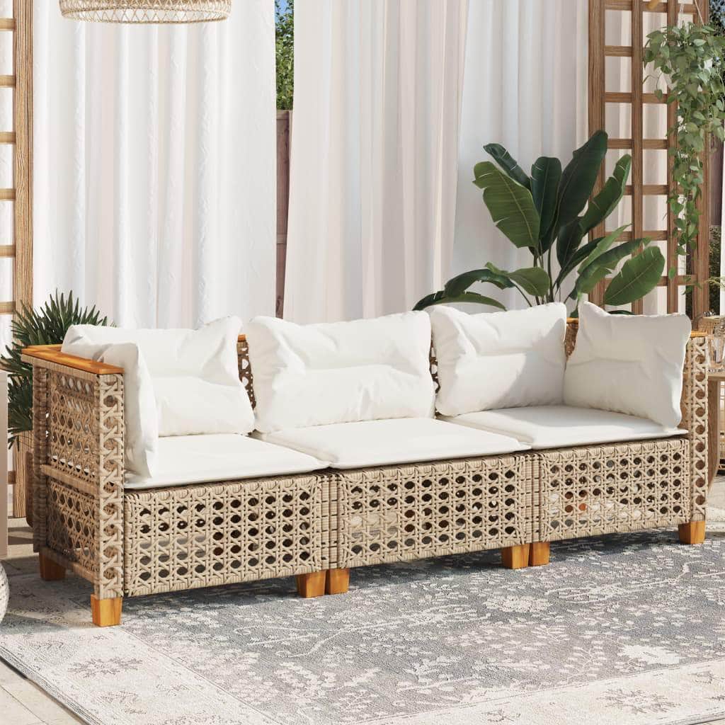 Garden Sofa with Cushions 3-Seater - Beige Poly Rattan
